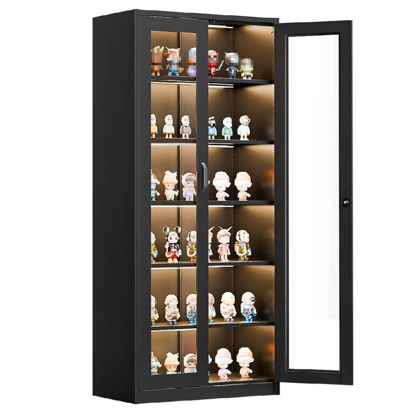 Winado - Heavy Duty 71" Tall Lockable Display Cabinet with Glass Doors & 5 Adjustable Shelves & Secure Locking System for Office - Black