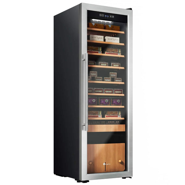 KingChii - 130L Cigar Humidor with Temperature and Humidity Control, Spanish Cedar Shelves and Drawer Hygrometer(1100 Capacity) - Silver