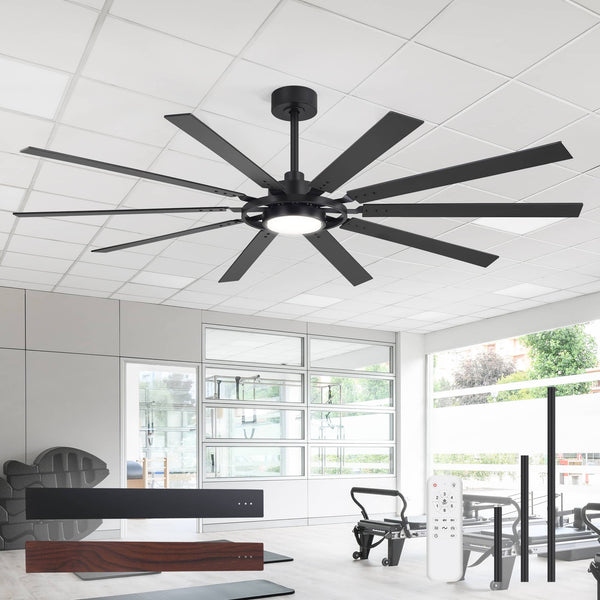 Breezary - 72-Inch Large LED Ceiling Fan with Light, 10 Blades, DC Motor, Remote Control, 6 Speeds, 1/4/8H Timer - Matte Black