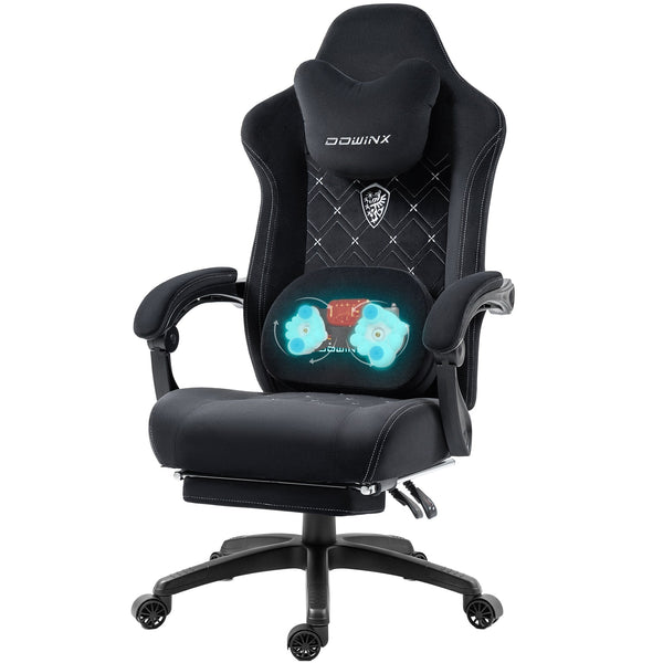 Dowinx - Gaming Chair Fabric Wide Back Breathable, Big & Tall Ergonomic Game Chair with Heated Massage Lumbar Support for Adults - Black