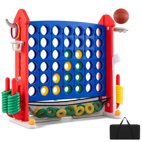 Costway - 4 in a Row Connect Game with Mesh Net, Carrying Bag, Height Adjustable, Ring Toss - Blue+Red