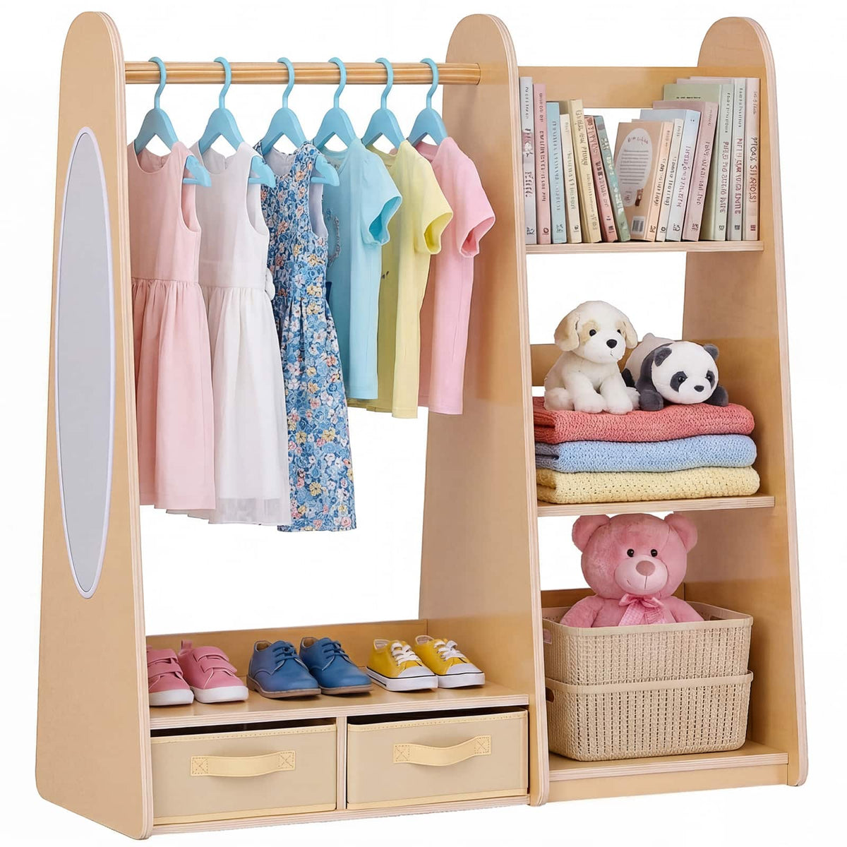 VEVOR - Kids Dress Up Storage, with Mirror, Dress Up Closet, Toddler Wardrobe Closet for Little Girls, Armoire with Shelves - Natural Wood