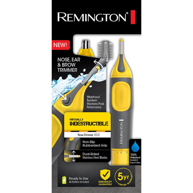 REMINGTON NEW! NOSE, EAR & BROW TRIMMER  
Washout System Maintains Peak Performance  
VIRTUALLY INDESTRUCTIBLE  
Nose Non-Slip Trimmer 4000  
REMINGTON Rubberized Grip  
Dual-Sided 100% Stainless Steel Blades  
Waterproof  
Durable & Easy to Clean  
Ready to Use  
AA Battery Included  
5yr WARRANTY  
DURABILITY GUARANTEED  
LIMITED