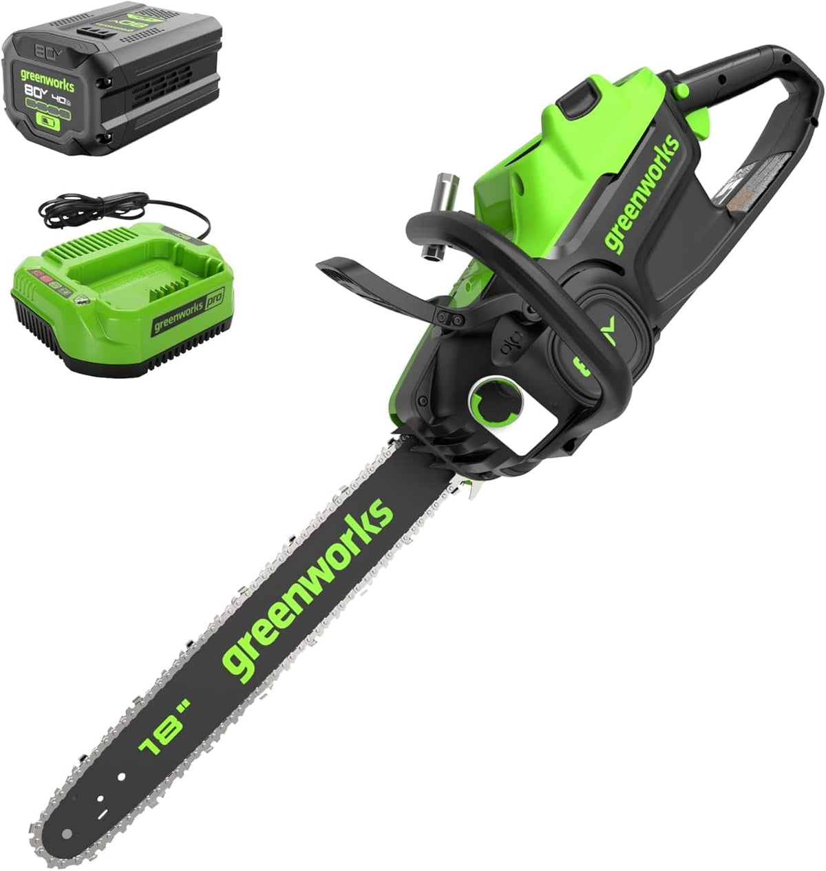 Greenworks - 80V 18" Brushless Cordless Chainsaw (Great For Tree Felling, Limbing), 4.0Ah Battery and Charger Included - Green