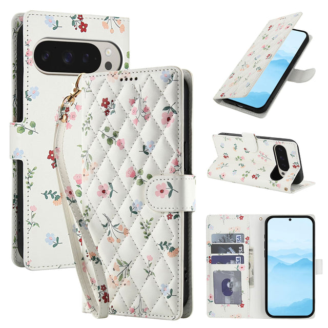 Front. Dteck - Floral Wallet Case for Google Pixel 10 Pro XL with Wrist Strap, Premium PU Leather Shockproof Protective Flip Cover - A.