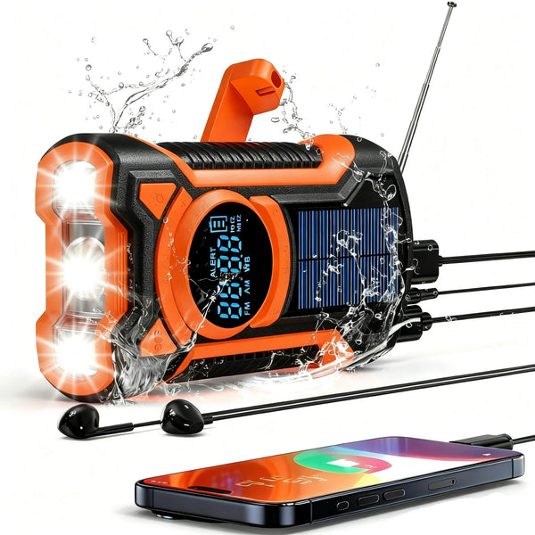 TOPVISION - Emergency Weather Radio NOAA AM FM Bluetooth Solar Hand Crank USB C Charging SOS Flashlight - Orange