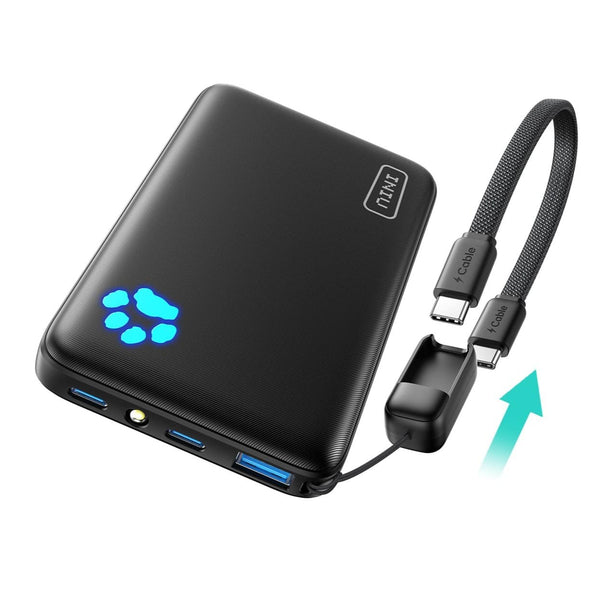 INIU - Portable Charger, Compact 10000mAh PD 45W Power Bank with Lanyard USB-C Cable for iPhone, Samsung, Pixel, iPad etc - Black