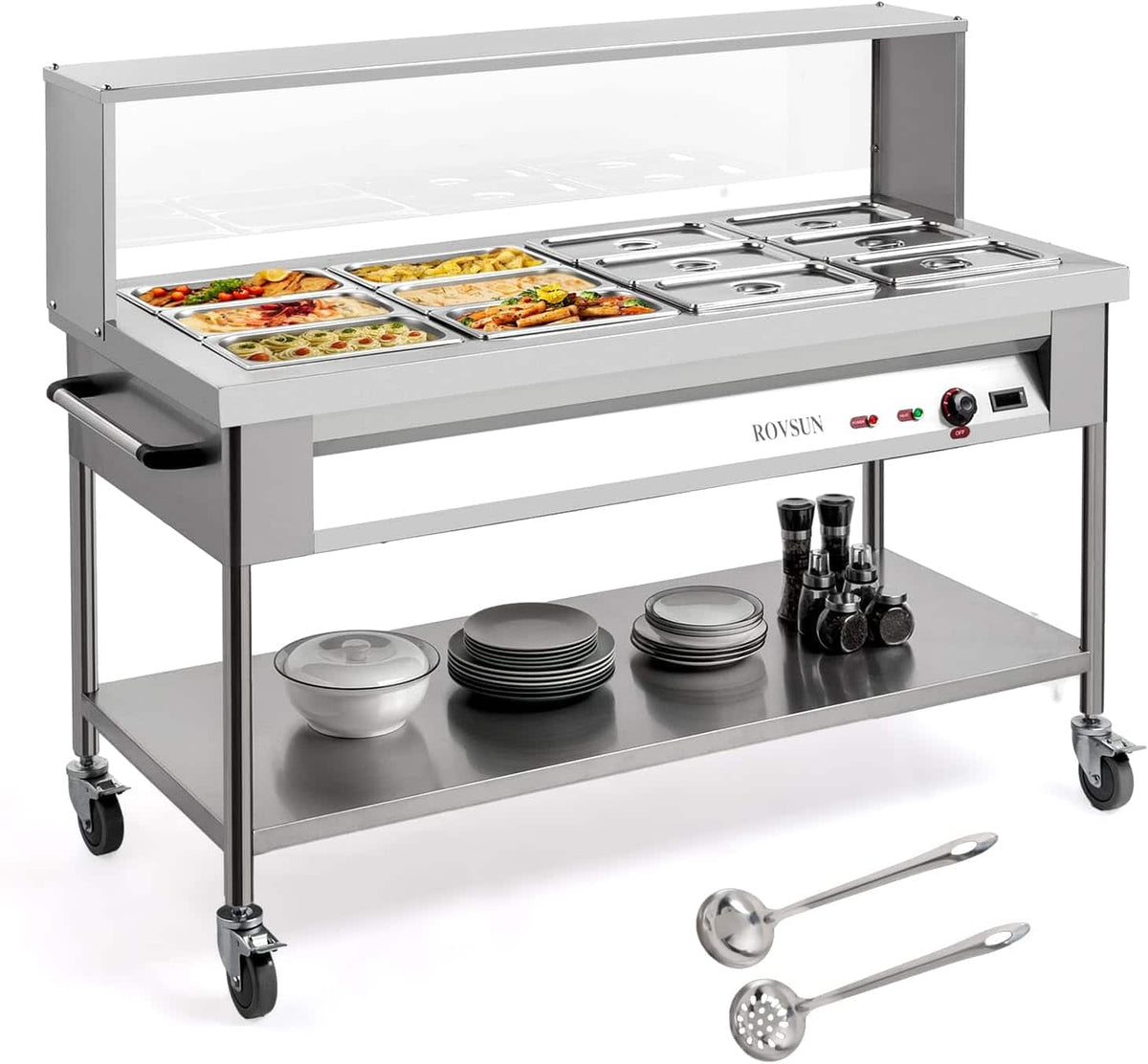 Winado - 96QT 1500W Electric Commercial Food Warmer, 12-Pan Steam Table 8QT/Pan Stainless Steel Bain Marie with Acrylic Shield - Silver
