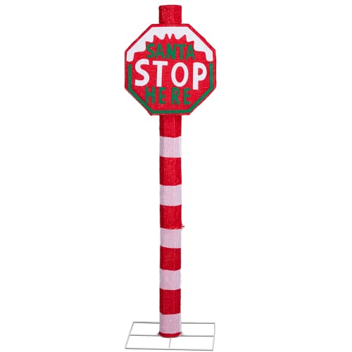 Winado - 52in Christmas Santa Stop Here Sign, Pre-lit Road Sign with LED Lights for Indoor Outdoor Yard Holiday Party Decorations - Red