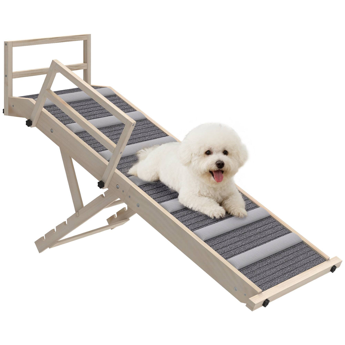 Pawhut - Dog Ramp for Couch, Folding Pet Ramp, 4 Adjustable Height 15"-19", Wooden Pet Step w/Non-Slip Mat, Safety Side Rails - Natural Wood