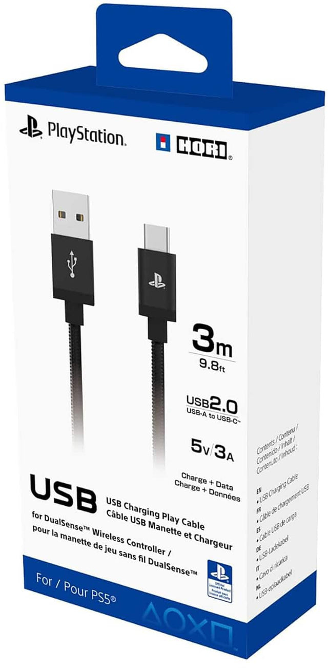 PlayStation  
HORI  

3m  
9.8ft  

USB2.0  
USB-A to USB-C  

5v/3A  

USB Charging Play Cable  
for DualSense™ Wireless Controller /  
Cable USB Manette et Chargeur  
pour la manette de jeu sans fil DualSense™  

Charge + Data  
Charge + Données  

For / Pour PS5®  

Contenu / Contents / Contenido / Inhoud / Contenuto / Inhoud / Contenuto / Inhoud / Contenuto / Inhoud / Contenuto / Inhoud / Contenuto / Inhoud / Contenuto / Inhoud / Contenuto / Inhoud / Contenuto / Inhoud / Contenuto / Inhoud / Contenuto /