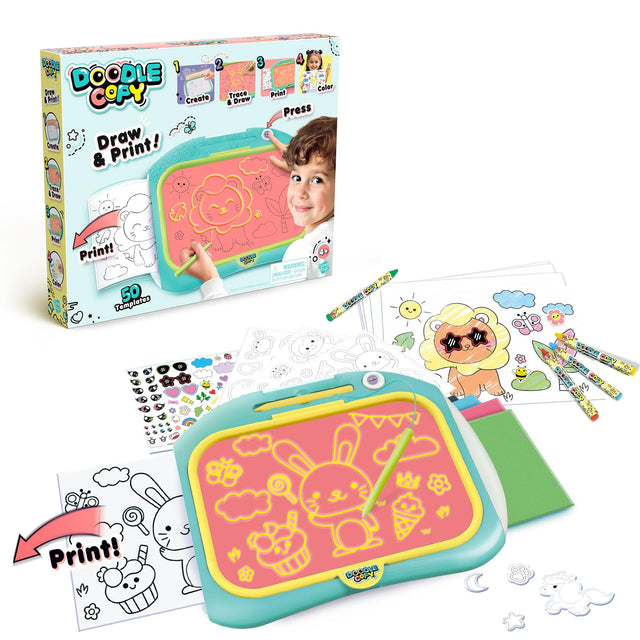 DOODLE COPY  
Draw & Print!  

1. Create  
2. Trace & Draw  
3. Print  
4. Press  

Print!  

50 Templates  

WARNING:  
CHOKING HAZARD - Small parts. Not for children under 3 years.  

Color