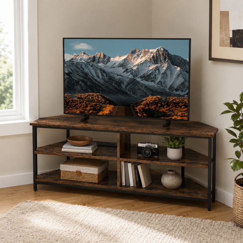 WELLFOR - 3-Tier Corner TV Stand for TVs up to 65",Industrial Entertainment Center Console Table with Power Outlets and USB Ports - Black