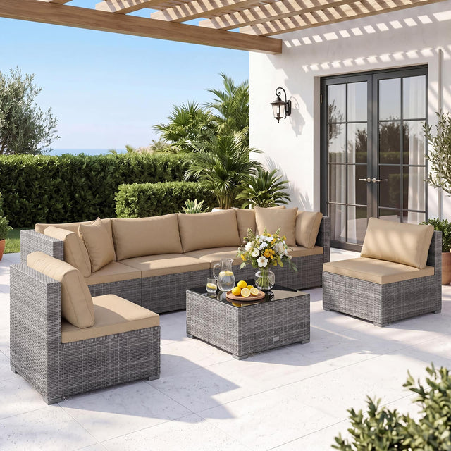 Front. Costway - 7PCS Patio Rattan Furniture Set Sectional Sofa Cushioned Garden - Mix Gray,Brown.