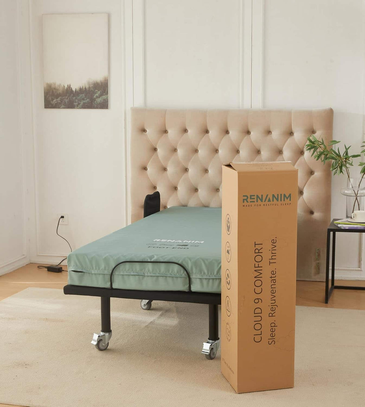 Renanim - Twin XL 8" Adjustable Mattress for Bed Base, 80x36x8 Inches, Waterproof, Pressure Relief, Home Care Use - Green