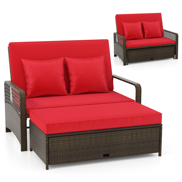 Front. Gymax - Gymax Patio Rattan Daybed Wicker Loveseat Sofa w/ Multifunctional Ottoman Red - Red.