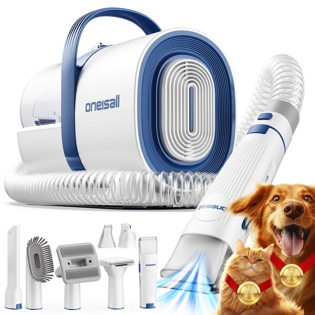Oneisall - 7 in 1  Pet Grooming Kit  Dog Clipper Vacuum, Paw Trimmer, Nail Grinder, Shedding Brush,12000Pa High Suction