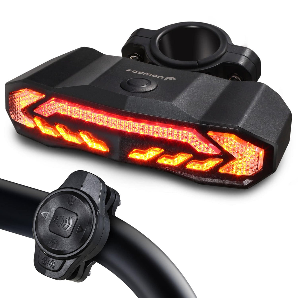 Fosmon - Bike Light for Night Riding, Bicycle Lights with Alarm and Horn, IP65 Waterproof Bike Tail Light with Remote Control - Black