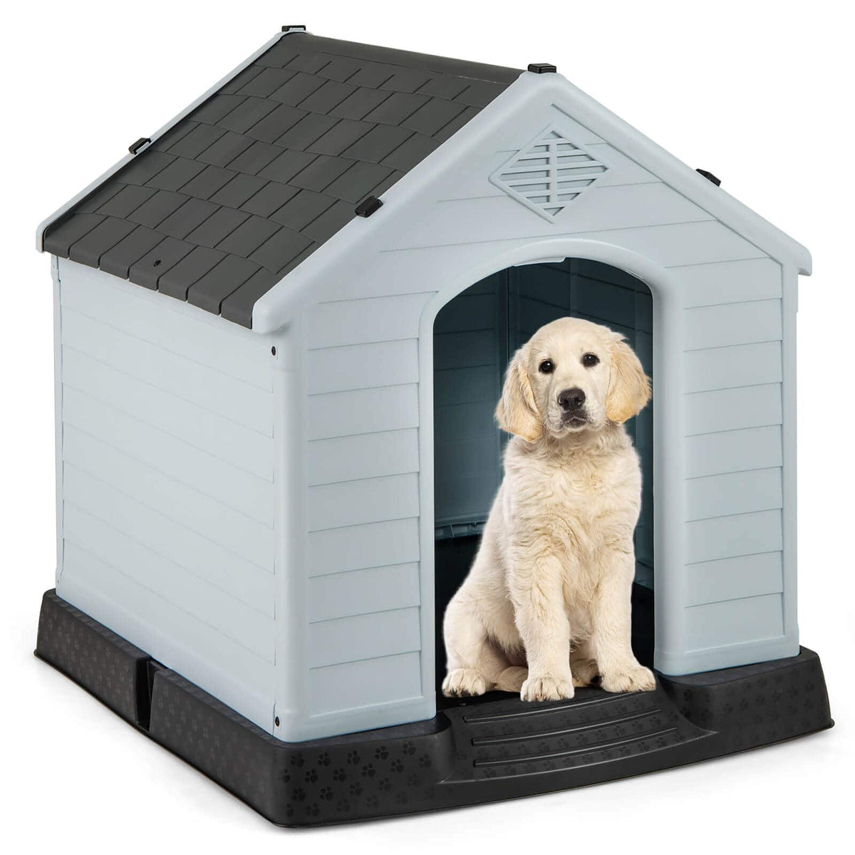 Costway - Enduring Waterproof Plastic Dog House Puppy Shelter w/Sloping Roofs Indoor Outdoor Dog House - Gray