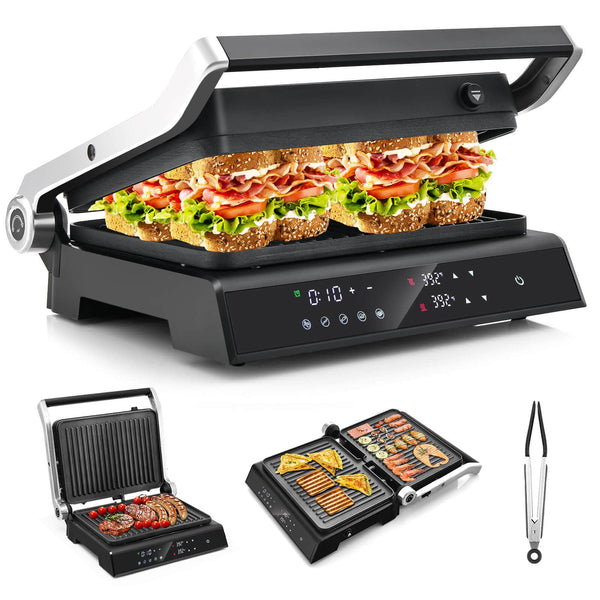 Costway - Electric Panini Press Grill Sandwich Maker with LED Display & Removable Drip Tray - Black