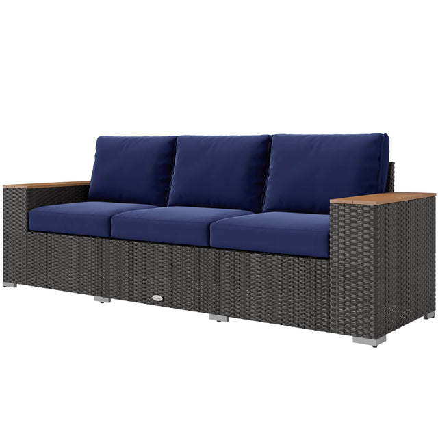 Front. Outsunny - Outdoor Patio Sofa, PE Wicker Outdoor Couch with Extra Wide Deep Seat, Wide Armrests 4" Cushions - Navy Blue.