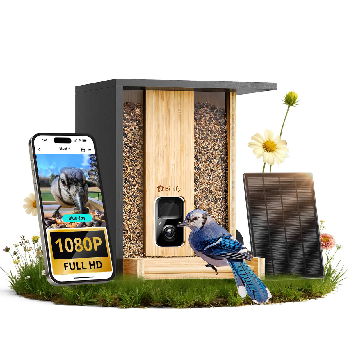BIRDFY - Smart Bird Feeder with HD Camera, AI Bird Recognition (10 Free AI IDs/Day), Auto Record 1080P Video, Durable Bamboo Wood - Natural Bamboo & Black