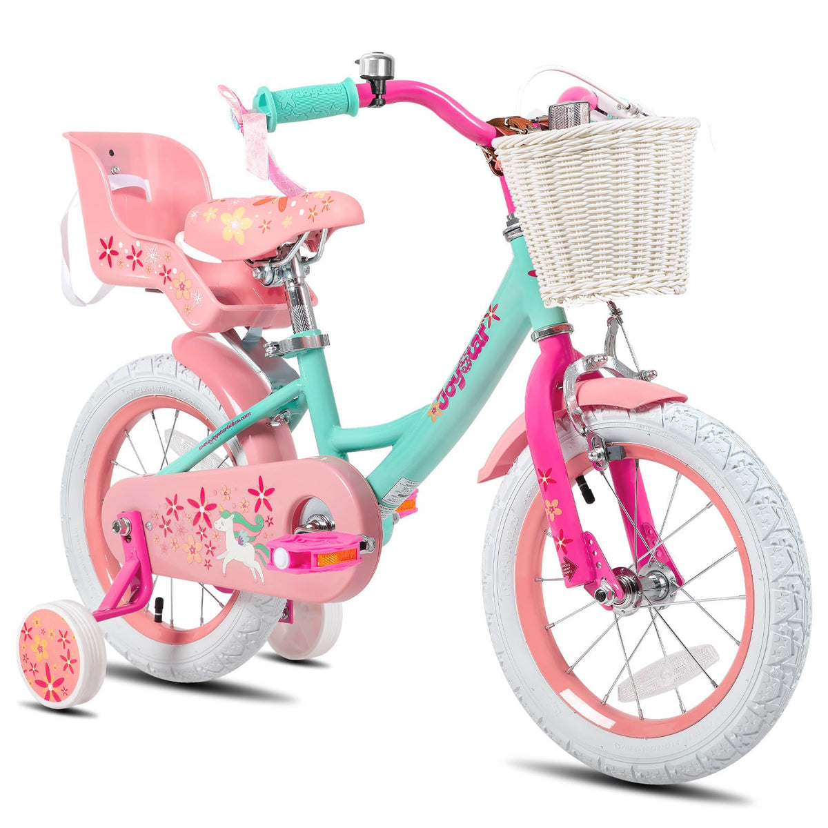 JOYSTAR - Unicorn 16 Inch Kids Bike for Girls Boys Ages 4-7, Toddler Bicycles with Training Wheels & Basket, Doll Seat - Green