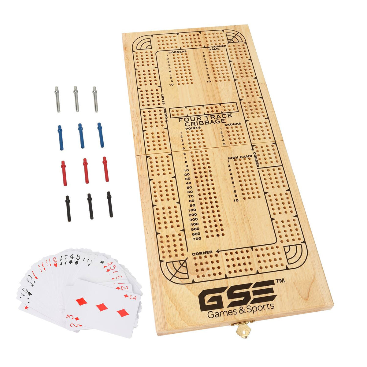 GSE Games & Sports Expert - 4-Track Wooden Folding Cribbage Board with Playing Card, Metal Pegs and Storage Area for Family Game