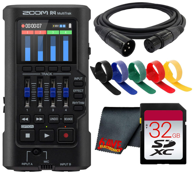 ZOOM R4 MultiTrak  
00:00:07  
1 2 48V A 3 B 4  
1 TRACK 2 3 EFFECT INPUT QQQ RHYTHM 4 OPTION  
INPUT A UNDO - BOUNCE  
7 MIC INPUT B  
GAVE ELECTRONICS  
32 GB Sp XC