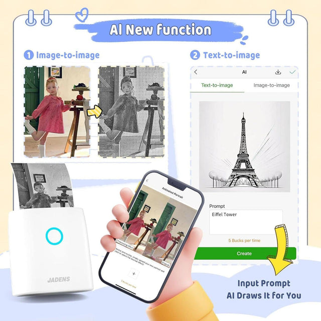 AI New function
1. Image-to-image
2. Text-to-image

AI Draws It for You

Prompt: Eiffel Tower

5 Bucks per time

Create