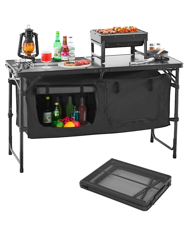 Front. VEVOR - Camping Kitchen Table, Folding Outdoor Cooking Table, 3 Adjustable Heights, Aluminum Lightweight Portable Cook Station - Blue.