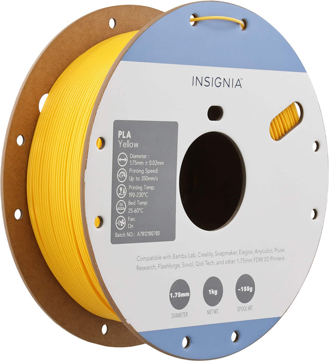 INSIGNIA PLA Yellow  
Diameter: 1.75mm ± 0.02mm  
Printing Speed: Up to 350mm/s  
Printing Temp: 190-230°C  
Bed Temp: 25-60°C  
Fan: On  
Batch NO: A7812180780  

Compatible with Bambu Lab, Creality, Snapmaker, Elegoo, Anycubic, Prusa, Research, Flashforge, Sovol, Qidi Tech, and other 1.75mm FDM 3D Printers  

1.75mm  
1kg  
~155g  

DIAMETER  
NET WT.  
SPOOL WT.