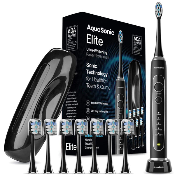 AquaSonic - Elite Rechargeable Electric Toothbrush Set - ADA Accepted, 5 Modes, Travel Case, 8 Brush Heads - Black