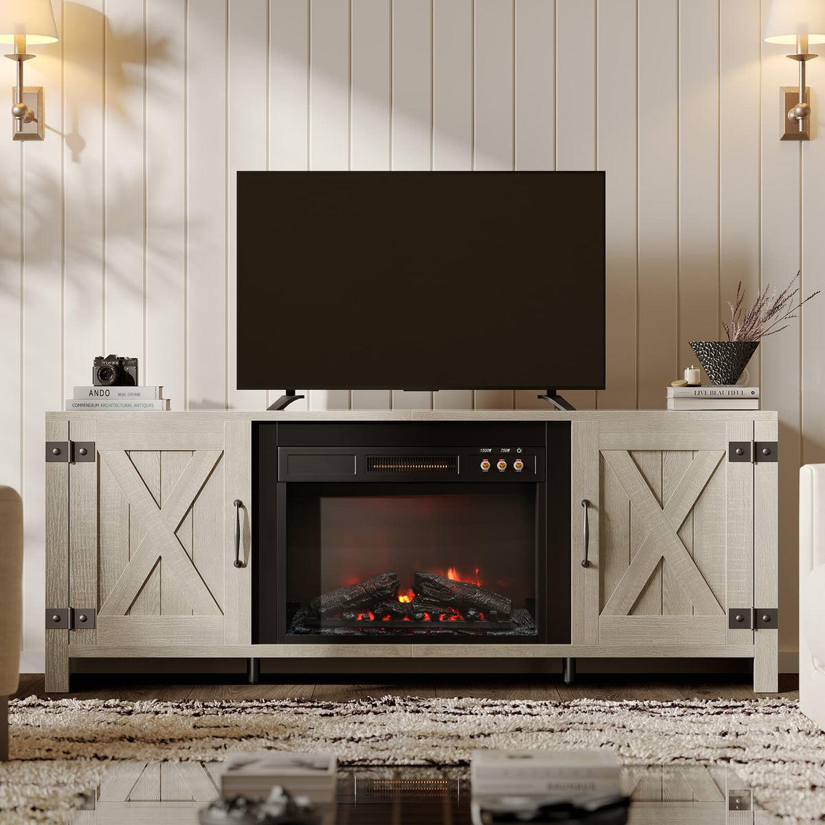 Bestier - 63" Fireplace TV Stand with Vintage Mechanical Buttons, Farmhouse Entertainment Center for 70" TVs - Vintage Gray White