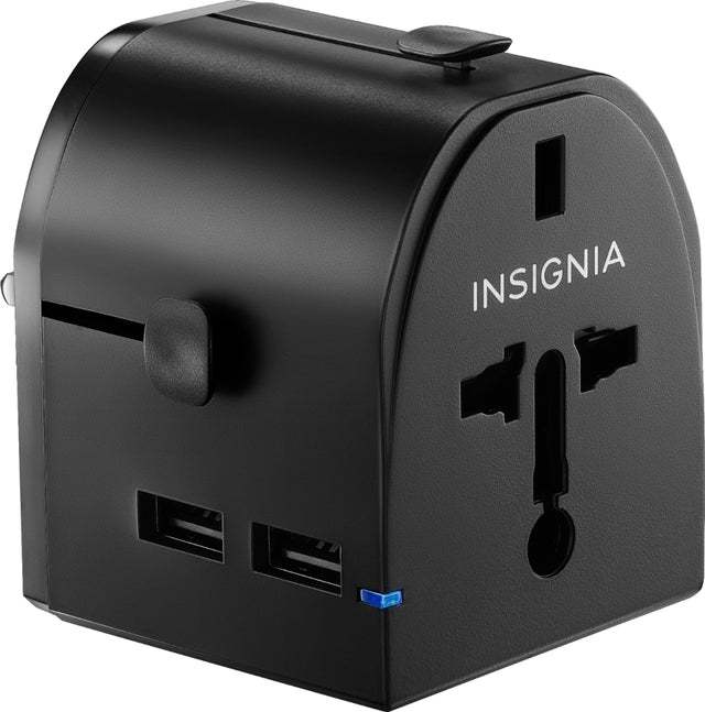 Front. Insignia™ - All-in-One Travel Adapter with 2 USB Ports - Black.