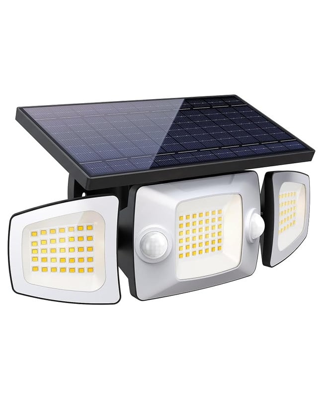 Adewalk - 270 Degree 3 Head Solar Flood Light IP67 Waterproof Motion Sensor Remote Security Light for Garage Yard - White