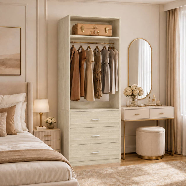 Front. Aheaplus - 24" Freestanding Closet System,3 Wooden Drawers, Hanging Rod & Shelves - Space-Saving Organizer for Small Closets - White Oak.