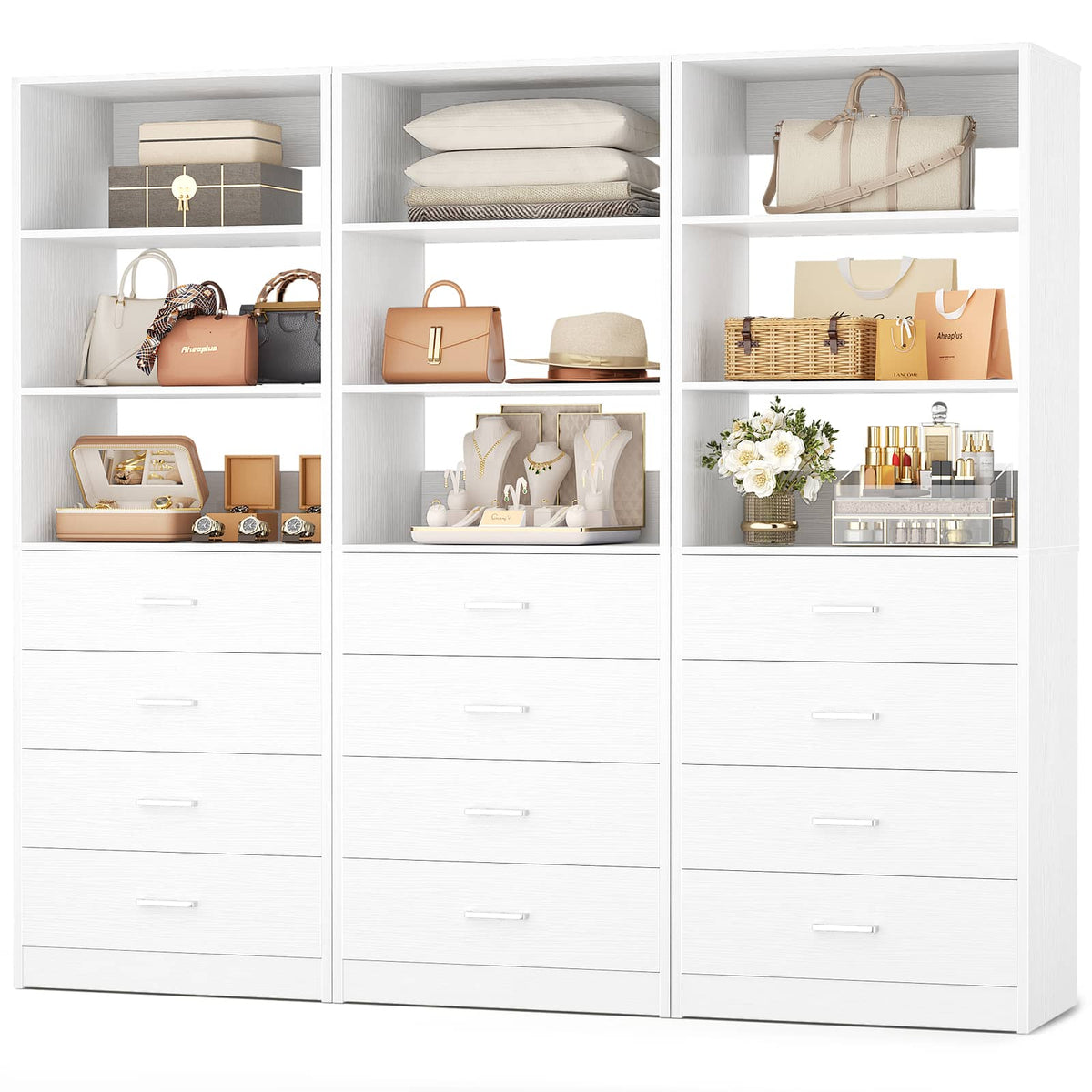 Aheaplus - 5.3FT Wood Closet Organizer System with 12 Wood Drawers and 6 Shelves, 3 Packs - White