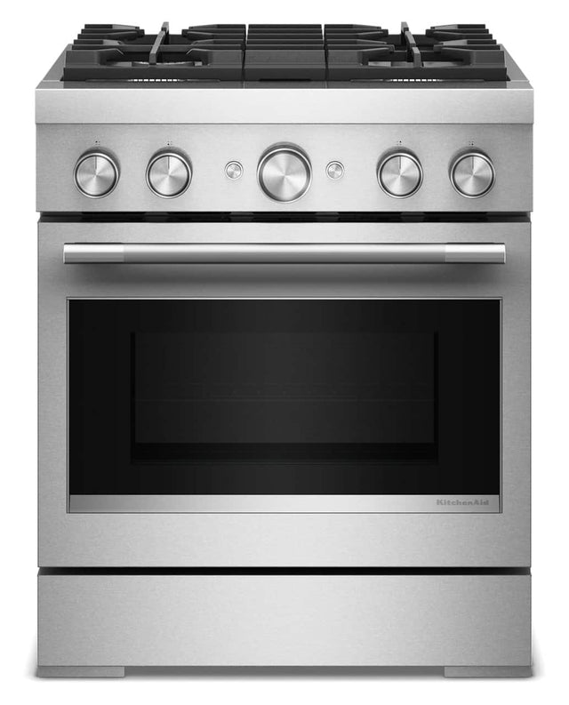 Front. KitchenAid - 30 in. Wide 4 burners 4.1 cu. ft. Slide-In Gas True Convection Range with 4 Burners, Dual Fuel, No Preheat Air Fry Mode - Stainless Steel.