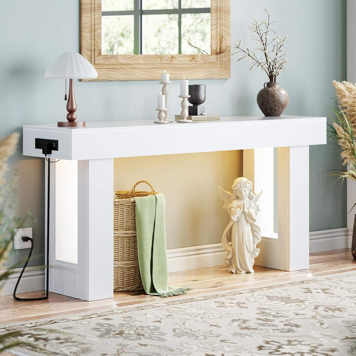Aheaplus - 63'' Console Table with Power Outlets and Sensor Lights for Living Room, Entryway, Hallway - White