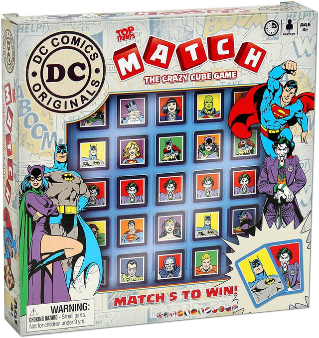 **DC Comics Originals**

**Top Trumps**

**Match: The Crazy Cube Game**

**Help! 10m JTIVULU BUM AGE HELP! 3 IT! L 4. TOP 2 OP PLAYERS TRUMPS COMICS HUM! DC A T H W DC U M GAME THE CRAZY CUBE TAKE 3 I ORIGINALO P! GET S XXCOLCTOCO 2A d D Z+ AGE MINUTE TES 5 TO WIN! MATCH WARNING: JUST parts. TH CHOKING HAZARD - Small HAZARD Small YOU.. children under 3 yrs. W! Not for**

**Age 4+**

**2 Players**

**Match 5 to Win!**

**Warning: Choking Hazard - Small parts. Not for children under 3 yrs.**