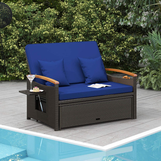 Front. Costway - Patio Rattan Daybed Set with Cushioned Loveseat & Storage Ottoman for Porch - Navy + Mix Brown.