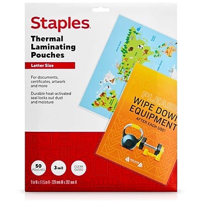 Staples Thermal Laminating Pouches  
Letter Size  
For documents, certificates, artwork and more  
Durable heat-activated seal locks out dust and moisture  

PLEASE WIPE DOWN EQUIPMENT AFTER EACH USE!  

50 POUCHES  
3 mil  
CLEAR GLOSS  

9 in x 11.5 in (225 mm x 292 mm)