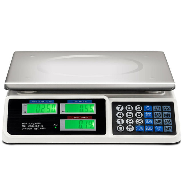 **WEIGHT (KG/LB)**
- TARE: 0.250 KG
- Max: 30kg/66lb
- Min: 200g/0.44lb
- Division: 5g/0.011lb

**UNIT PRICE**
- 0.55

**TOTAL PRICE**
- 0.14

**Buttons:**
- 7 8 9 C
- 4 5 6 ADD
- 1 2 3 TARE
- 0 KG LB
- STORE ZERO
- M1 M2
- M3 M4
- M5 M6
- M7