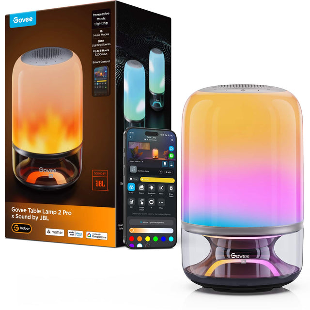 Govee Immersive Music Lighting  
16 Music Modes  
100+ Lighting Scenes  
Up to 6 Hours  
5200mAh  
Smart Control  

Govee Table Lamp 2 Pro  
x Sound by JBL  

Indoor  
matt  
Works with Alexa  
Google Home  

Govee