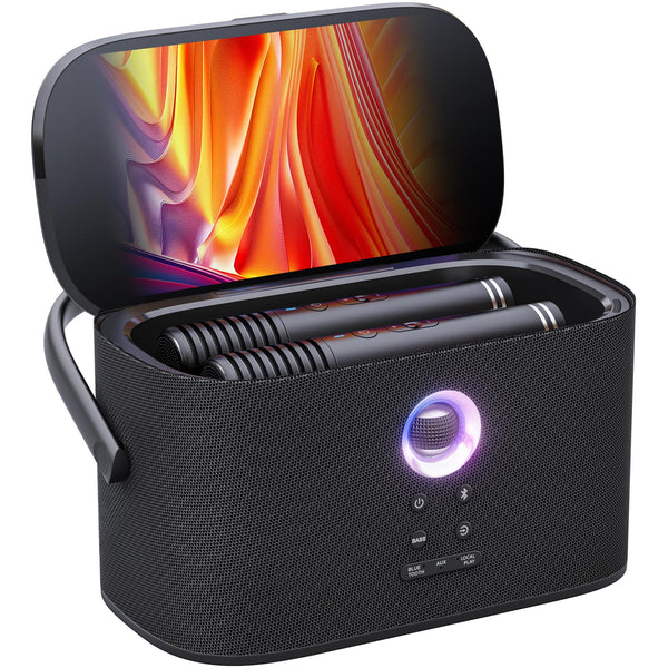 Ikarao - Portable Karaoke Machine with Lyrics Display, Screen, 2 Self-Charging Wireless Mics, Karaoke App, 140W Speaker, 8 Effect