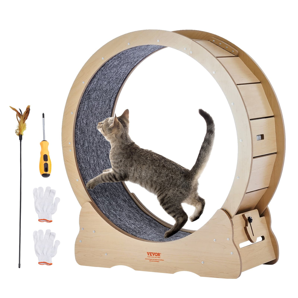 VEVOR - Cat Exercise Wheel, Large Cat Treadmill Wheel for Indoor Cats, 35.8 inch Cat Running Wheel with Detachable Carpet - natural wood color