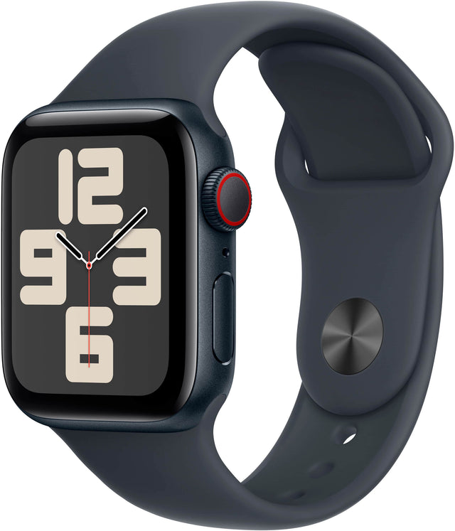 Angle. Apple - Apple Watch SE 2nd Generation (GPS+Cellular) 40mm Aluminum Case with Midnight Sport Band - S/M - Midnight.