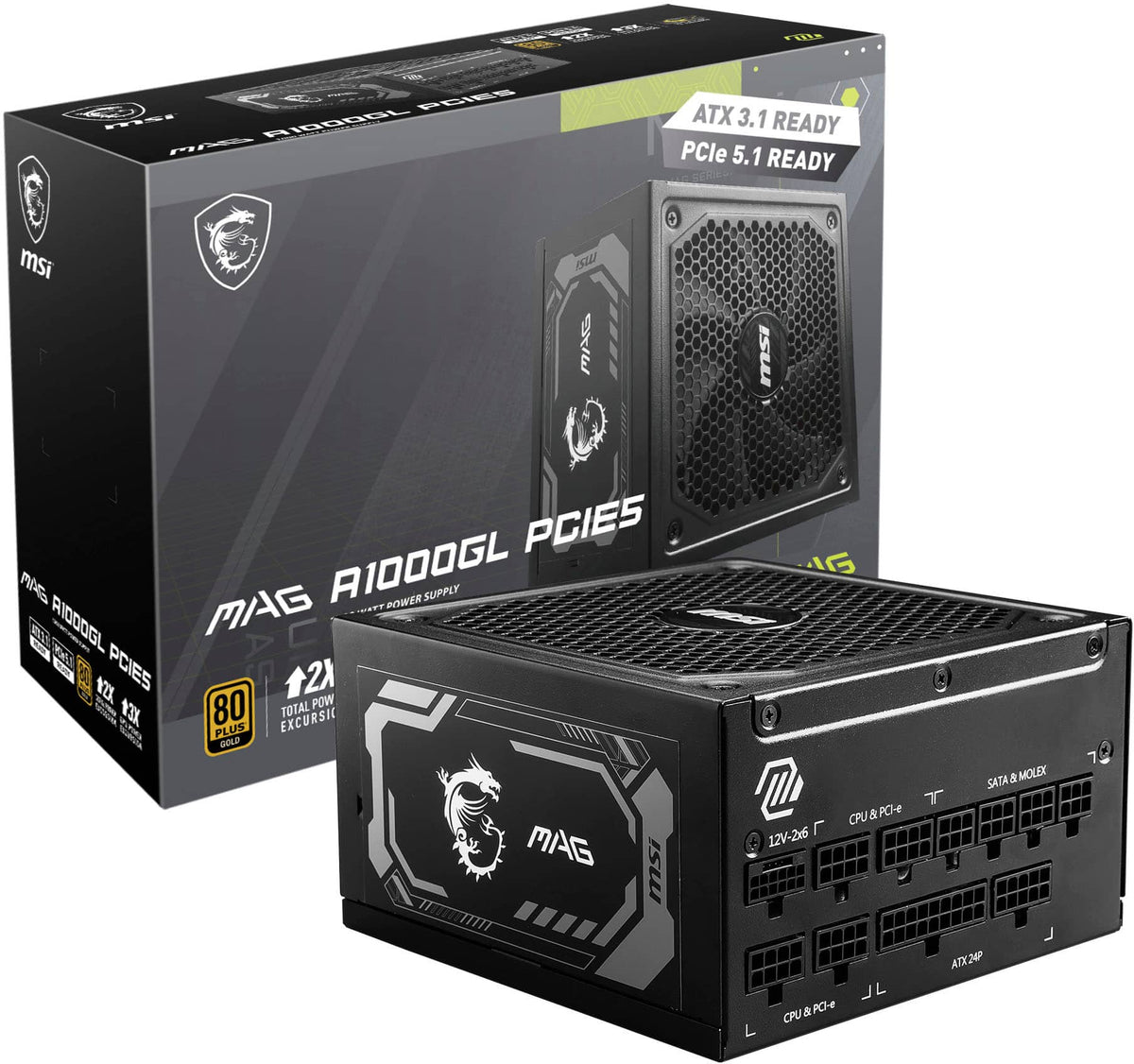 MSI - MAG A1000GL PCIE5 1000W Full Modular ATX 3.1 Ready 80 Plus Gold Power Supply - Black