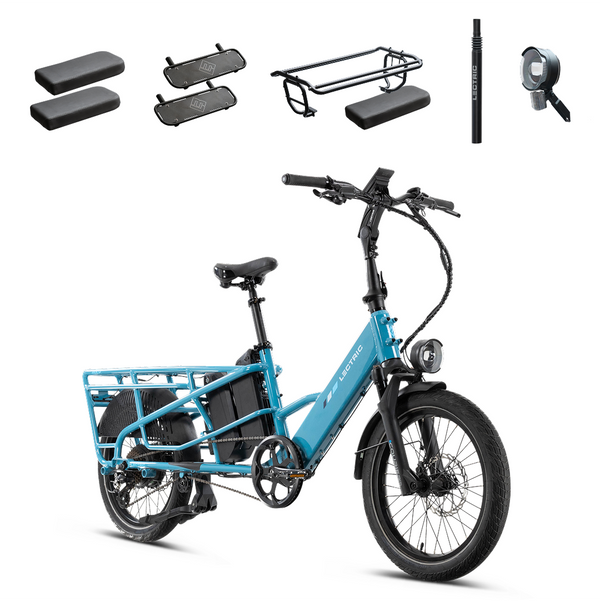 Lectric eBikes - XPedition2 Dual-Battery eBike (Max 120mi/28mph) + Orbitor/Headlight/Running Boards/Seat Post/Cushions - Raindrop Blue